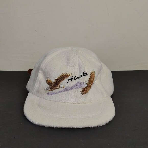 VINTAGE Alaska Hat Cap Strap Back Embroidered Eagle Terry Triangle Headwear Mens - Picture 1 of 11